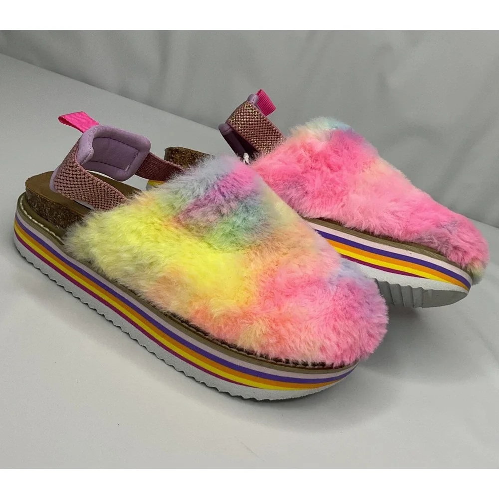 Steve Madden Girls Size 2 JKathyy Rainbow Faux‎ Fur Platform Mule Slippers Shoes